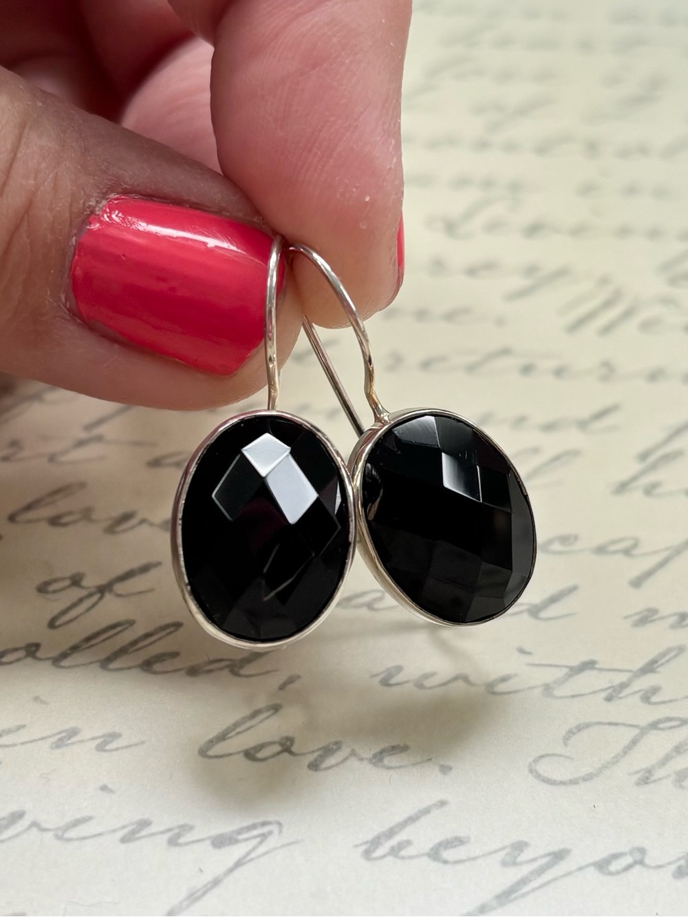 Sterling Silver Black Onyx Faceted Oval Drop Earrings - Women Jewelry